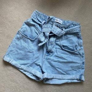 Zara light denim paperbag tie shorts